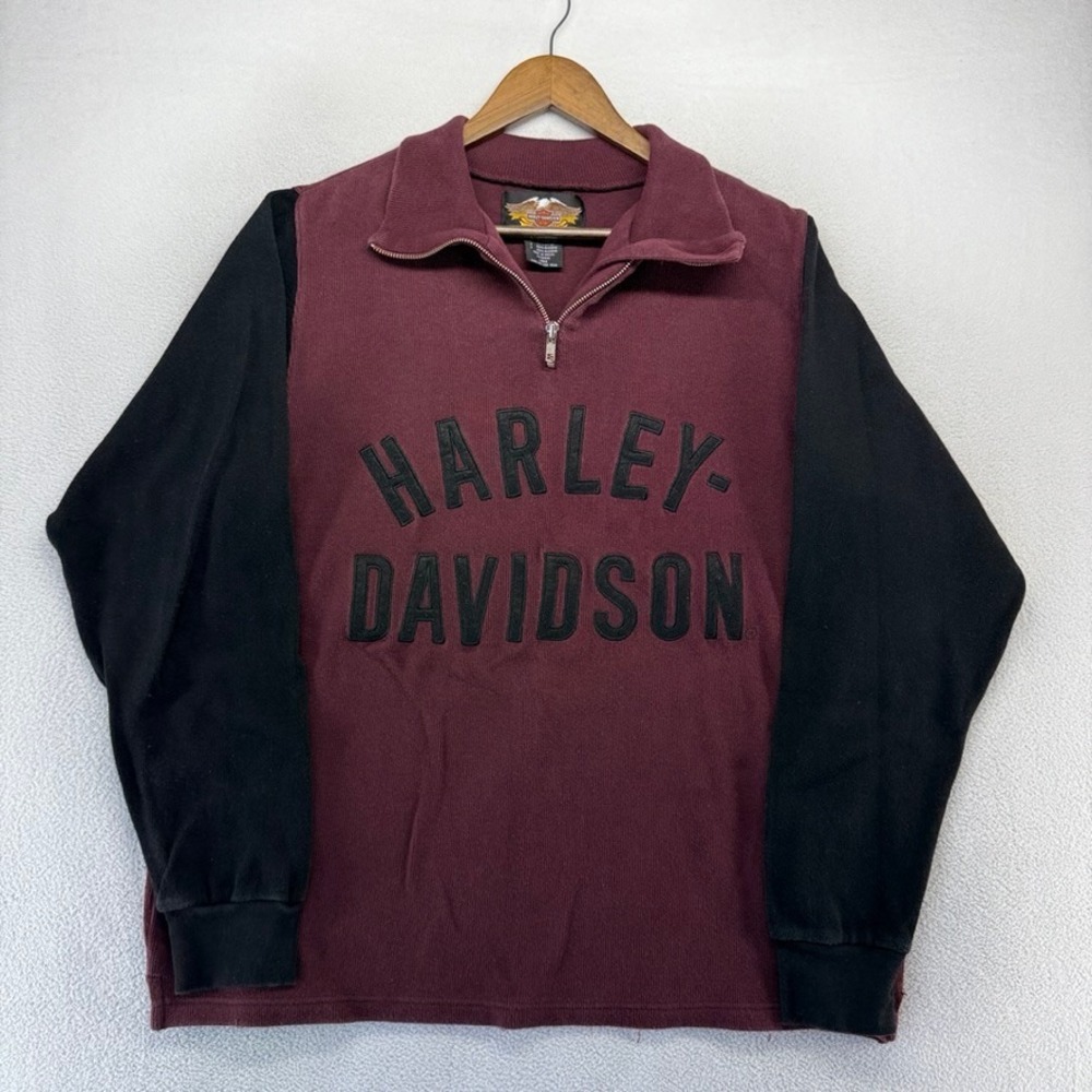 Vintage Harley Davidson Sweater Mens Large Maroon Black Biker Embroidered Zip